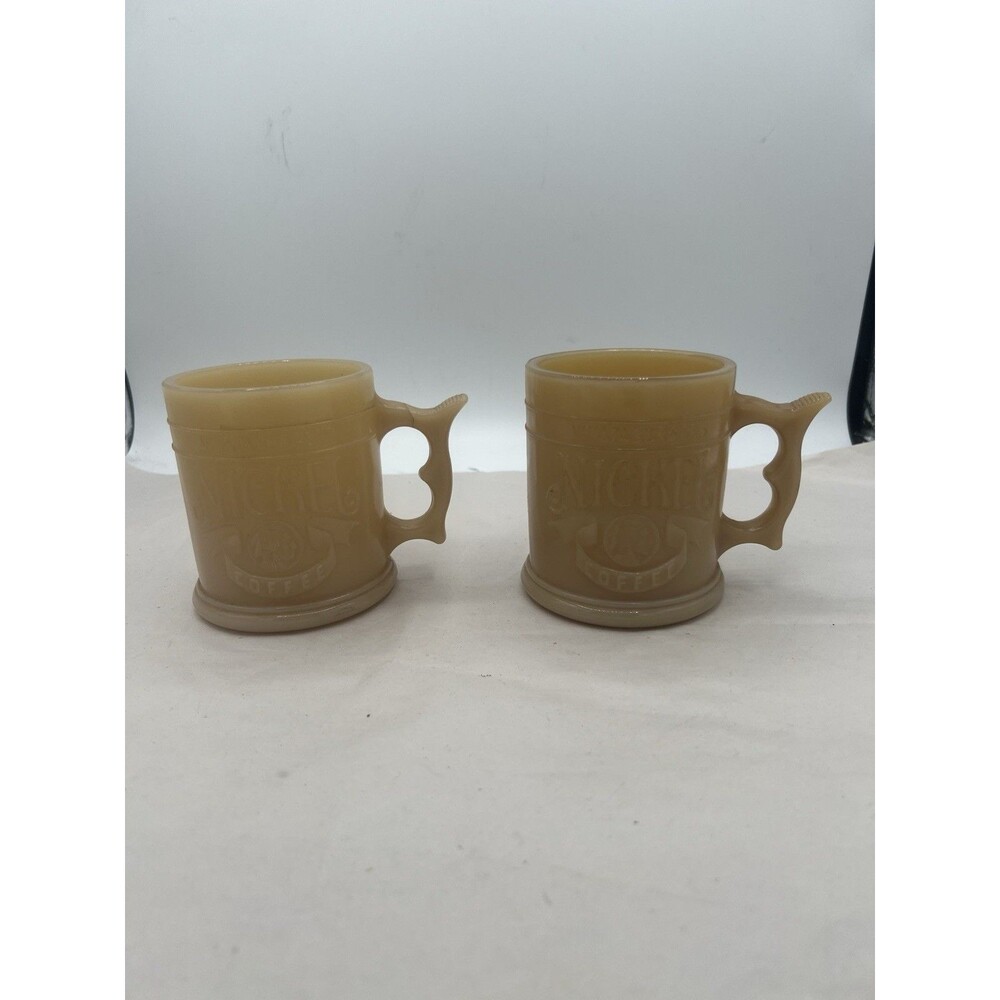 2 Whataburger Buffalo Nickel Coffee Cup Mug Butterscotch Vintage Milk Glass Mug